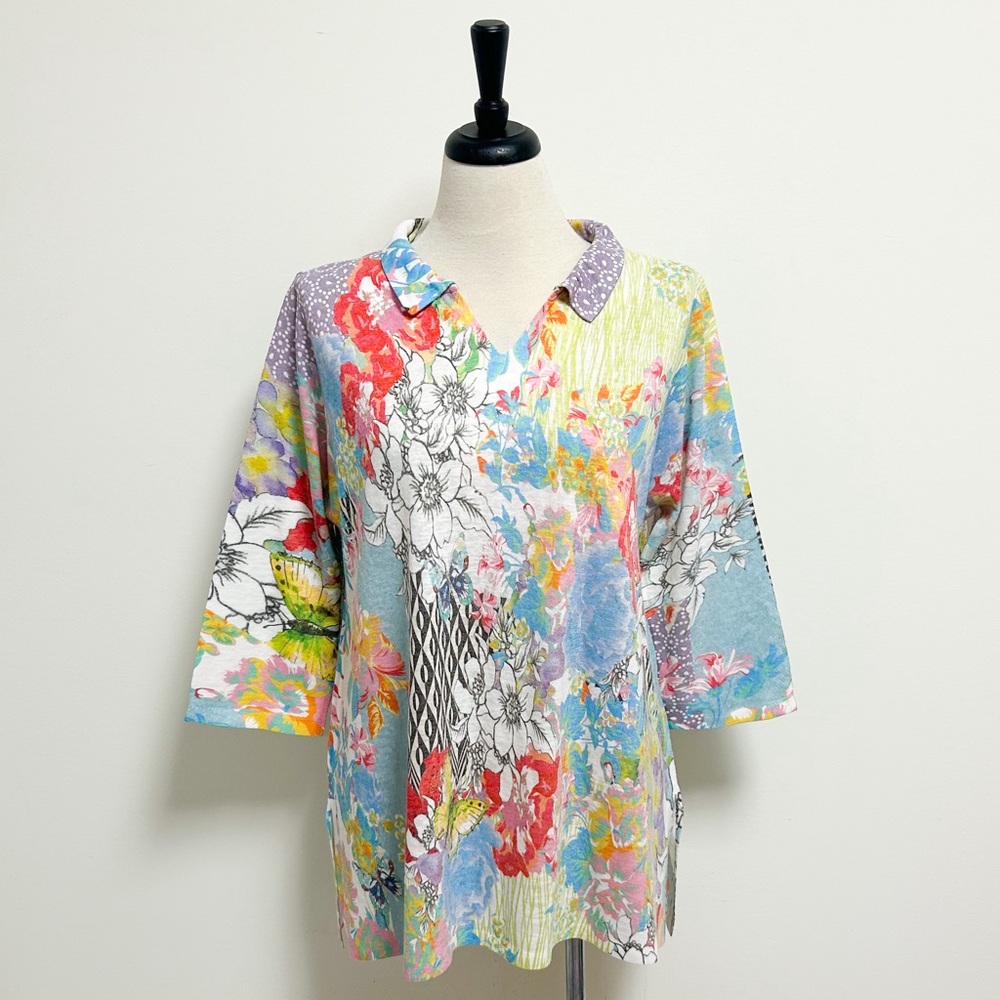 Atelier 5 Gozde Yilmaz Floral Butterfly 3/4 Sleeve Collar V Neck Knit Tunic XL